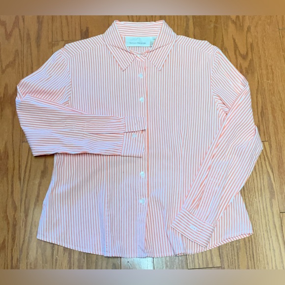 Vtg Women’s Petite Medium Button Front Orange White Striped Susan Bristol Shirt - Picture 2 of 13